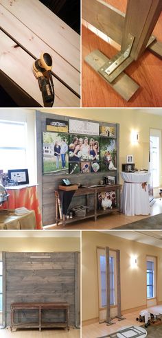 four different shots of the inside of a house with pictures on the wall and wood flooring