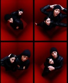 four different shots of a man and woman posing for the camera with their arms around each other