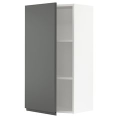 a white and grey cabinet with shelves on each side, in front of a white wall