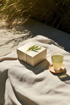 A cup of tea delicately set in a wooden box amidst an idyllic outdoor setting, bathed in sunlight.