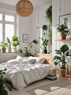 a bedroom with lots of plants in it