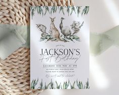 a birthday card with an image of two kangaroos and eucalyptus leaves on the front