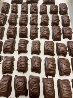 chocolate candies are lined up on a baking sheet