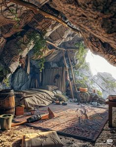 an image of a cave setting with lots of stuff on the floor and rugs