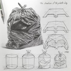 the drawing shows how to draw a trash bag