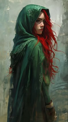 a painting of a woman with red hair wearing a green hoodie and holding an umbrella