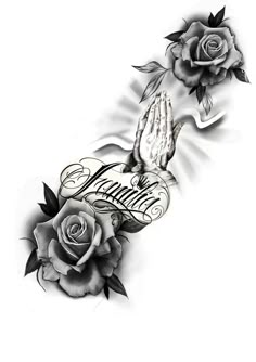 a black and white tattoo design with roses on the arm, praying hands and an inscription that says faith