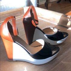 Beautiful Black & White Patent And Tan Leather Wedge Sandals 4.5” Wedge Heel With 1” Platform Brand New In Box Made In Italy White Wedge Shoes, Metallic Gold Shoes, Blue Wedge Sandals, Blue Wedges, Studded Sandals, Wedge Pumps, Gold Shoes, How To Stretch Boots, Leather Wedge Sandals