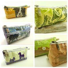 four different zippered pouches with dog images on them, all in various colors