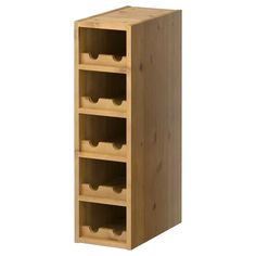 a tall wooden cabinet with six wine bottles on it's bottom shelf and one drawer open