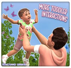 there is a man holding a child in the air with butterflies flying around him and an adult looking on