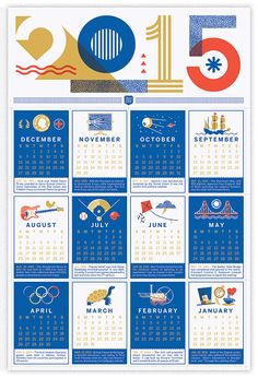 a blue and white calendar for the olympics