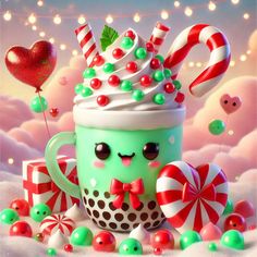 a green cup with candy canes and candies in it on top of snow