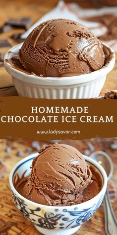 homemade chocolate ice cream in a bowl with spoons on the side and text overlay that reads homemade chocolate ice cream