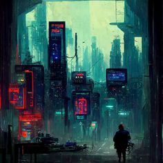 a man is standing in front of a cityscape with futuristic buildings and neon lights