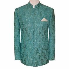 Mint green fully embroidered fabric prince coat  | Prince Coat for Wedding Fitted Nehru Jacket With Zari Work For Spring, Festive Green Nehru Jacket With Intricate Embroidery, Designer Bandhgala For Spring Festivals, Designer Bandhgala With Zari Work For Spring, Spring Wedding Green Bandhgala, Formal Spring Nehru Jacket With Zari Work, Spring Green Bandhgala With Resham Embroidery, Green Nehru Jacket With Zari Work For Reception, Fitted Green Sherwani For Spring