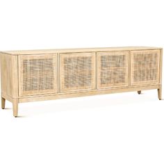 the sideboard is made out of wood and has rattan panels on it's sides