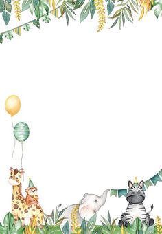 an animal themed birthday card with jungle animals and balloons