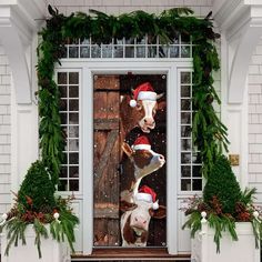 two cows wearing santa hats are seen through an open door with christmas decorations on it