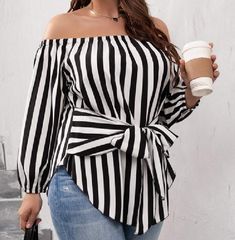 Off The Shoulder Blouse, Tie Front Blouse, Women Long Sleeve Tops, Womens Long Sleeve Shirts, Striped Tie, Casual Blouse, Long Sleeve Casual, Chiffon Tops