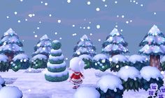 an animated christmas scene with snow and trees