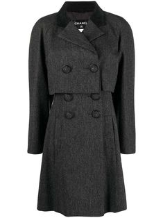 For Sale on 1stDibs - Chanel grey wool coat featuring a chevron pattern, a false cape, double-breasted front fastening, a black leather suede top part collar, logo buttons, Grey Wool Coat, Wool Cape Coat, Chanel Coat, Gray Wool Coat, Knee Length Coat, Suede Top, Suede Tops, Designer Coats, Tailored Coat