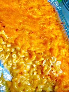 a casserole dish with macaroni and cheese in it