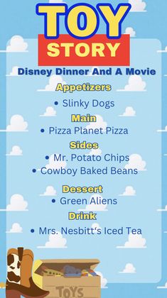 the toy story menu for disney pixans and a movie