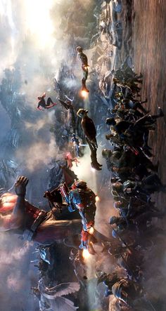 an image of the avengers movie scene with many different characters in action and onlookers