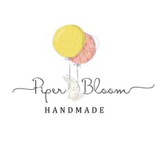 the logo for paper bloom handmade, with two balloons attached to it and a bunny holding