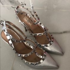 Worn A Couple Of Times Great Condition Metallic Silver Pumps No Scratches With Dust Bag. Valentino Garavani Shoes, Silver Pumps, Valentino Studs, Valentino Garavani, Shoes Women Heels, A Couple, Metallic Silver, Dust Bag, Shoes Heels