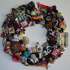 there is a wreath made out of many different items