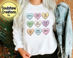 Single Candy Hearts Sweater Valentine Sweatshirt, Candy Hearts, Heart Sweatshirt, Valentine Shirt, Gift Valentine, Converse With Heart, Heart Shirt, Valentines Day Shirts, Valentines Shirt