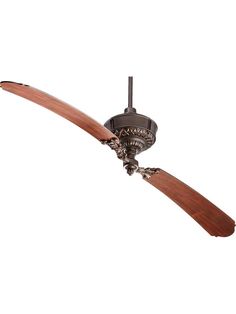 a ceiling fan with wooden blades on it