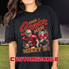 Our customizable senior mom football collage shirt is the perfect way to show your support for your favorite football player in his last high school season. This unique design allows you to showcase your senior athlete with up to four photos, creating a one-of-a-kind personalized shirt perfect for Senior Night, regular game days or any time. Your player's "today" photo is showcased along with 1-3 "then" photos. At the bottom of the design, add your senior's name and number or other text. You can Family Senior Night Shirts, Senior Night Football Shirt Ideas, Mom Son Senior Pictures, Senior Night Football Shirts, Senior Night Mom Outfit, Senior Night Shirt Ideas, Senior Mom Football Shirt Ideas, Senior Night Shirts For Family, Football Senior Night Ideas