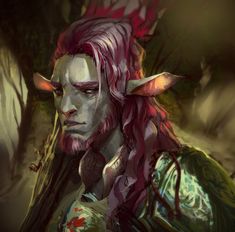 a man with red hair and horns standing in the woods