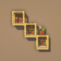 two wooden shelves with plants on them against a gray wall in the shape of legos