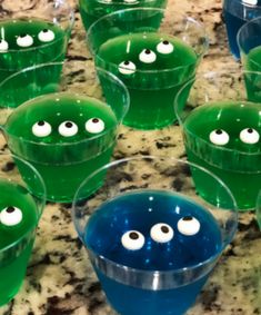 there are many glasses with googly eyes on them