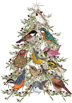 a christmas tree decorated with birds and berries