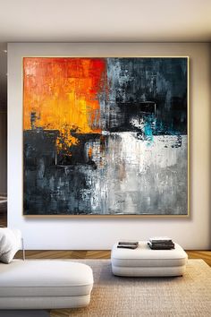 Original handmade abstract painting featuring bold orange and yellow contrasting with gray and blue, textured brushstrokes create a modern wall art piece Abstract Drawings, Decor Art, Oil Paintings, Art Original