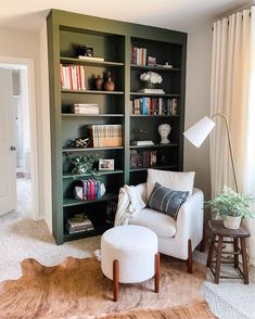 a living room filled with furniture and bookshelves