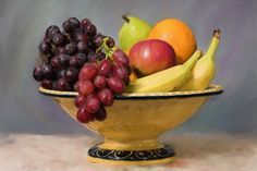 a painting of grapes, apples, bananas and oranges in a yellow bowl on a table