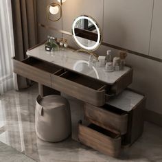 a bathroom with a vanity, mirror and stools in it's center area