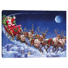 santa's sleigh with reindeers flying through the sky