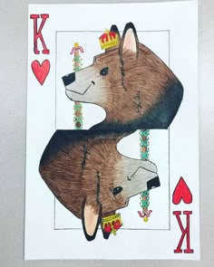 two brown bears with crowns on their heads are depicted in this playing card, which features the letter k