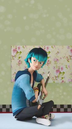 a cartoon character sitting on the floor with a guitar