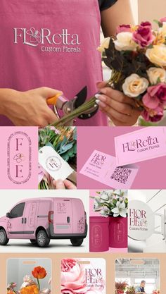 a pink van with flowers in it and some cards