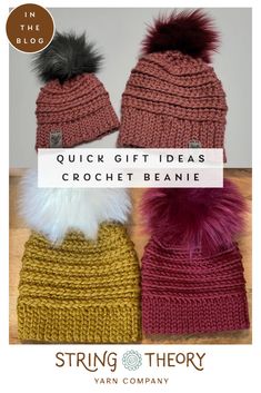 two knitted hats with pom poms on top and the words, quick gift ideas