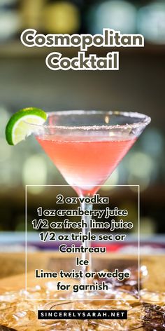 a pink cocktail with lime garnish on the rim and text that reads,'cosmopolitan cocktail '