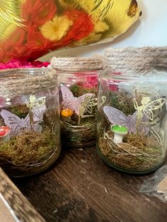 three glass jars filled with moss and little fairy figurines sitting on top of a wooden table